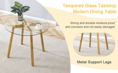 Modern Luxurious Round Tempered Glass Dining Table With Gold 7-Shaped Metal Legs,suitable for Family Meals, Office Confe