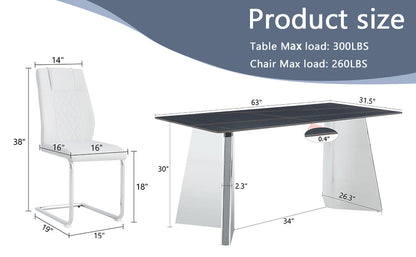 Table and Chair Set.63'x31.5x30' Black Marble-Patterned Slabs Tabletop With Stainless Steel Butterfly Legs.Paried With 4