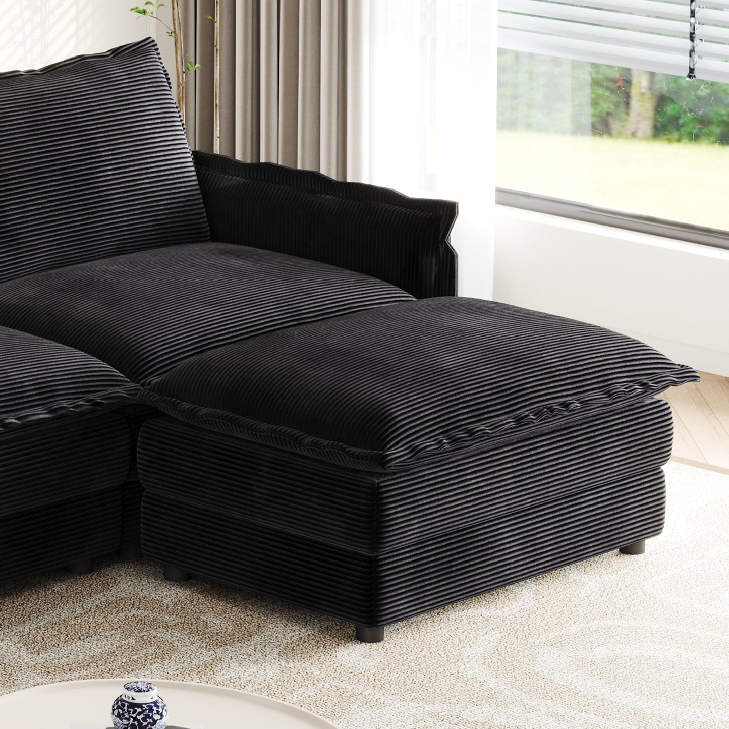 Corduroy Fabric 3-Seater Comfy Cloud Couch With 2 Movable Footrest for Living Room,Oversized Deep Seat U Shaped Couch Se