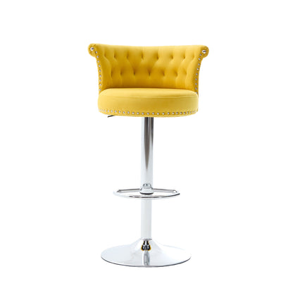 Velvet Bar Stool Set of 2, Adjustable Swivel Bar Stools With Silver Plated Metal Leg, Chrome Nailhead, Counter Height Ch