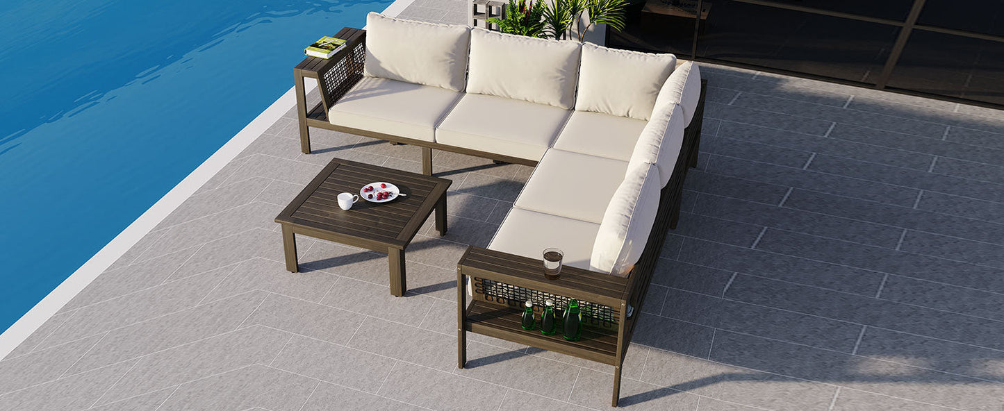 4 Pieces Outdoor Acacia Wood Sofa Set, Woven Mesh Armrests, L-Shaped Patio Furniture Sofa Set With Coffee Table, Outdoor