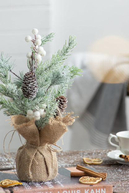 Set of 2, 15''H Frosted Artificial Trees With Pinecones and Faux Berry Accents, Festive Tabletop Decor, for Seasonal Cen
