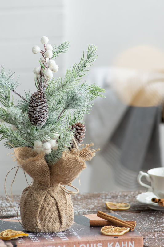Set of 2, 15''H Frosted Artificial Trees With Pinecones and Faux Berry Accents, Festive Tabletop Decor, for Seasonal Cen