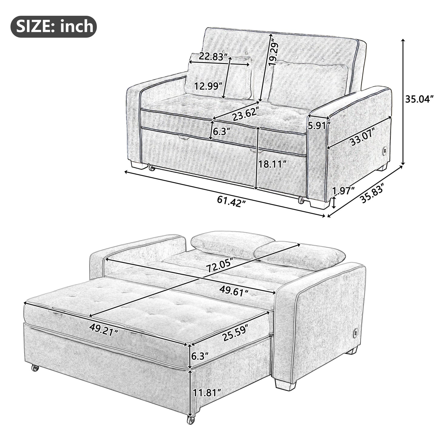 61.4' Upholstered Sleeper Bed, Pull Out Sofa Bed Couch Attached Two Throw Pillows, Dual USB Charging Port and Adjustable