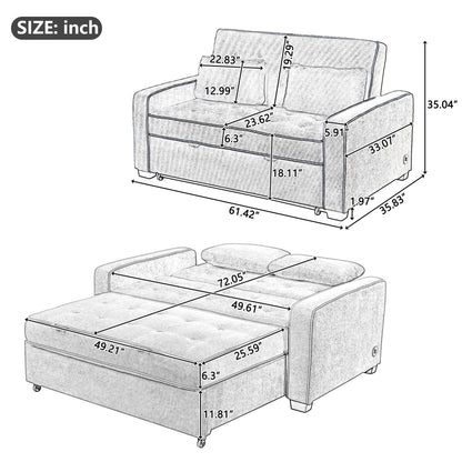 61.4' Upholstered Sleeper Bed, Pull Out Sofa Bed Couch Attached Two Throw Pillows, Dual USB Charging Port and Adjustable