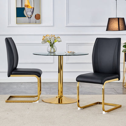 Luxurious and Minimalist Chair Covers, 2 High Elasticity Dining Chairs, Black PU Material, Metal Gold Arched Legs.