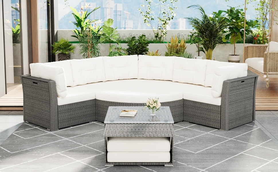 Patio Furniture Set Outdoor Daybed Rattan Sectional With Cushions and Center Table, Beige, Iron & Rattan, Multiple Sizes