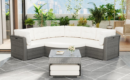 Patio Furniture Set Outdoor Daybed Rattan Sectional With Cushions and Center Table, Beige, Iron & Rattan, Multiple Sizes