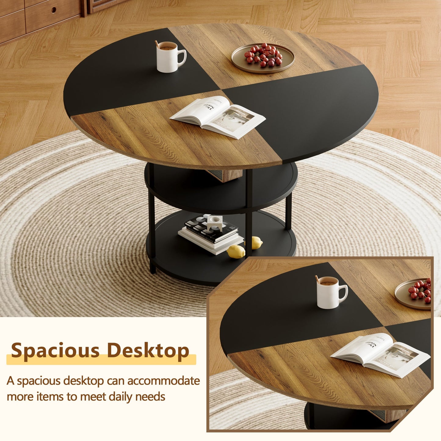 Table and Chair set.A 47.3-Inch Diameter Modern Splicing Circular Dining Table - Double-Layer storage.Paired With 4 Blac