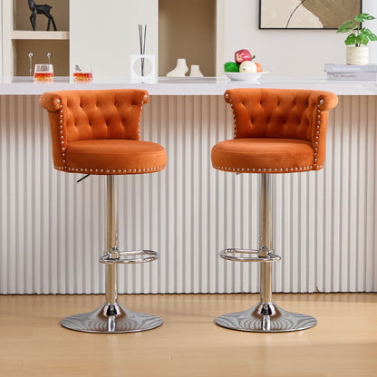 Velvet Bar Stool Set of 2, Adjustable Swivel Bar Stools With Silver Plated Metal Leg, Chrome Nailhead, Counter Height Ch