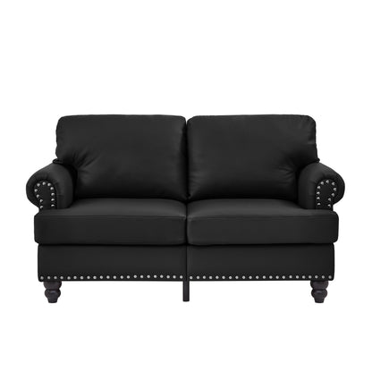 59.5' Modern Classic Design With Nails Living Room Loveseat Leather Couch,Upholstered Imitation Cowhide Leather Black