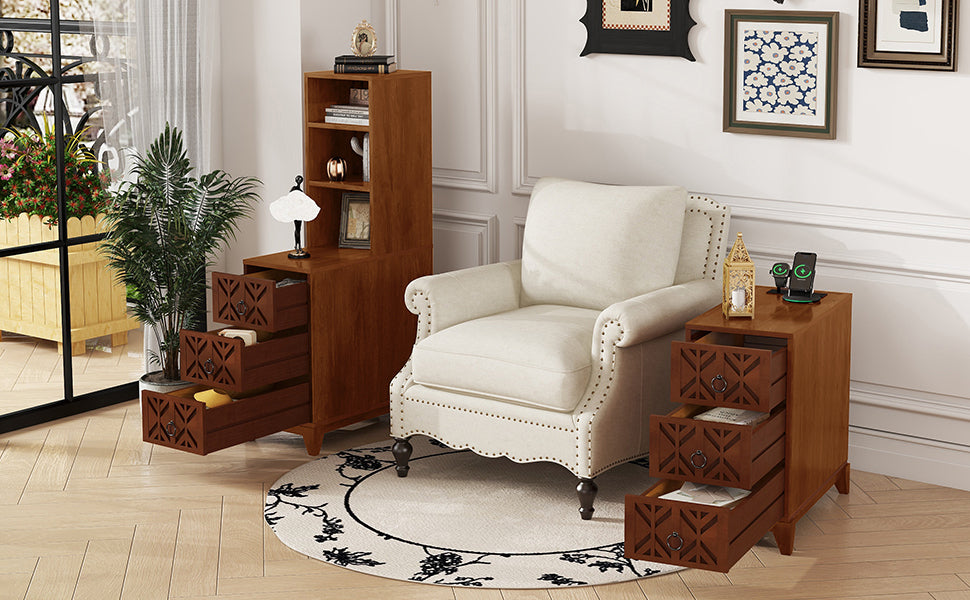 End Table With 3 Drawers, Corner Table With 2 Open Shelves, Tall Side Table for Bedroom and Corner, Walnut,Expect Arriva