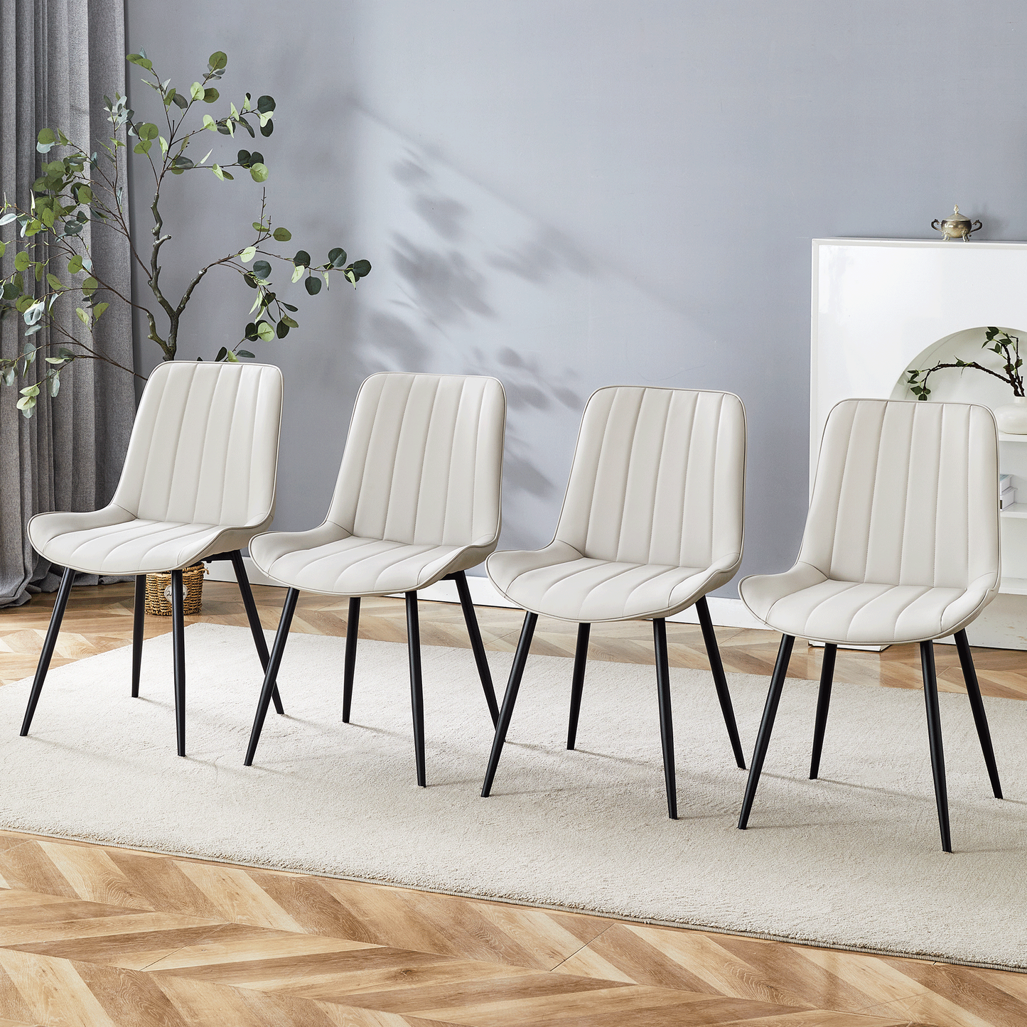 Ergonomic PU Leather Dining Chair Set With Extended Seat Cushion, Metal Legs, Black/Gray