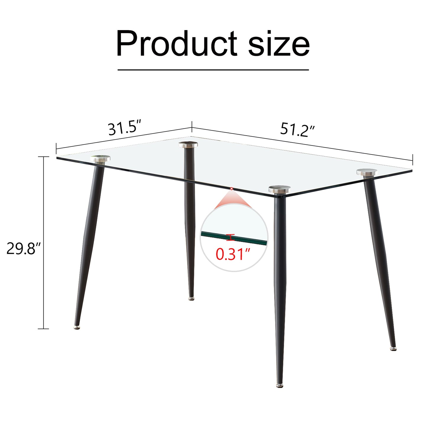 Modern Rectangular Glass Dining Table With Tempered Glass Top and Black Metal Legs for 4-6 People