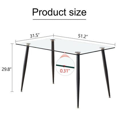 Modern Rectangular Glass Dining Table With Tempered Glass Top and Black Metal Legs for 4-6 People