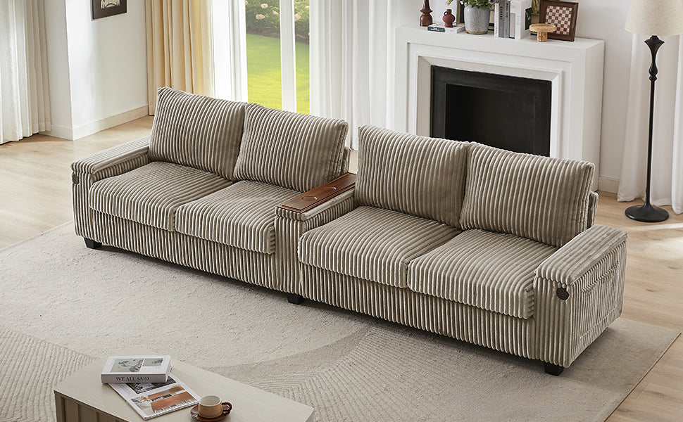 Modern 4-Seater Corduroy Sofa Couch With USB Ports, Hidden Storage Arms, and Flip-Top Cup Holders, Brown, 133 Inches