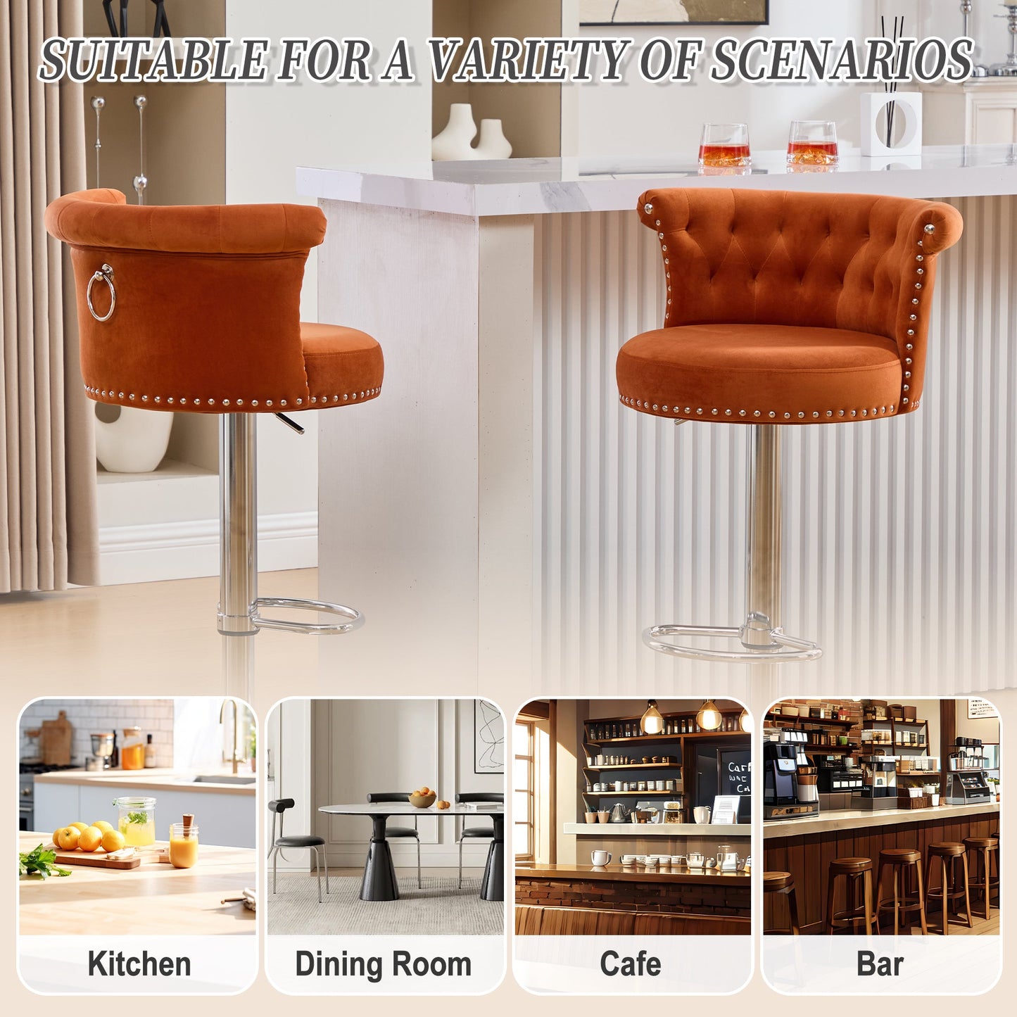 Velvet Bar Stool Set of 2, Adjustable Swivel Bar Stools With Silver Plated Metal Leg, Chrome Nailhead, Counter Height Ch