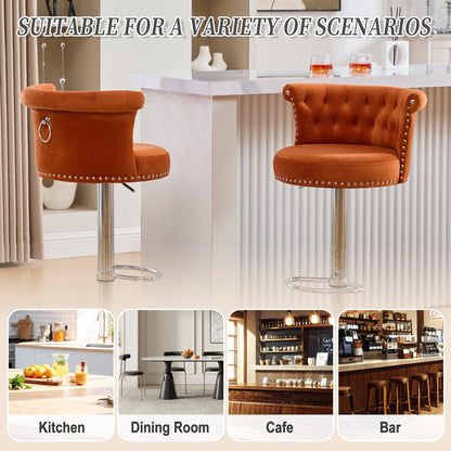 Velvet Bar Stool Set of 2, Adjustable Swivel Bar Stools With Silver Plated Metal Leg, Chrome Nailhead, Counter Height Ch