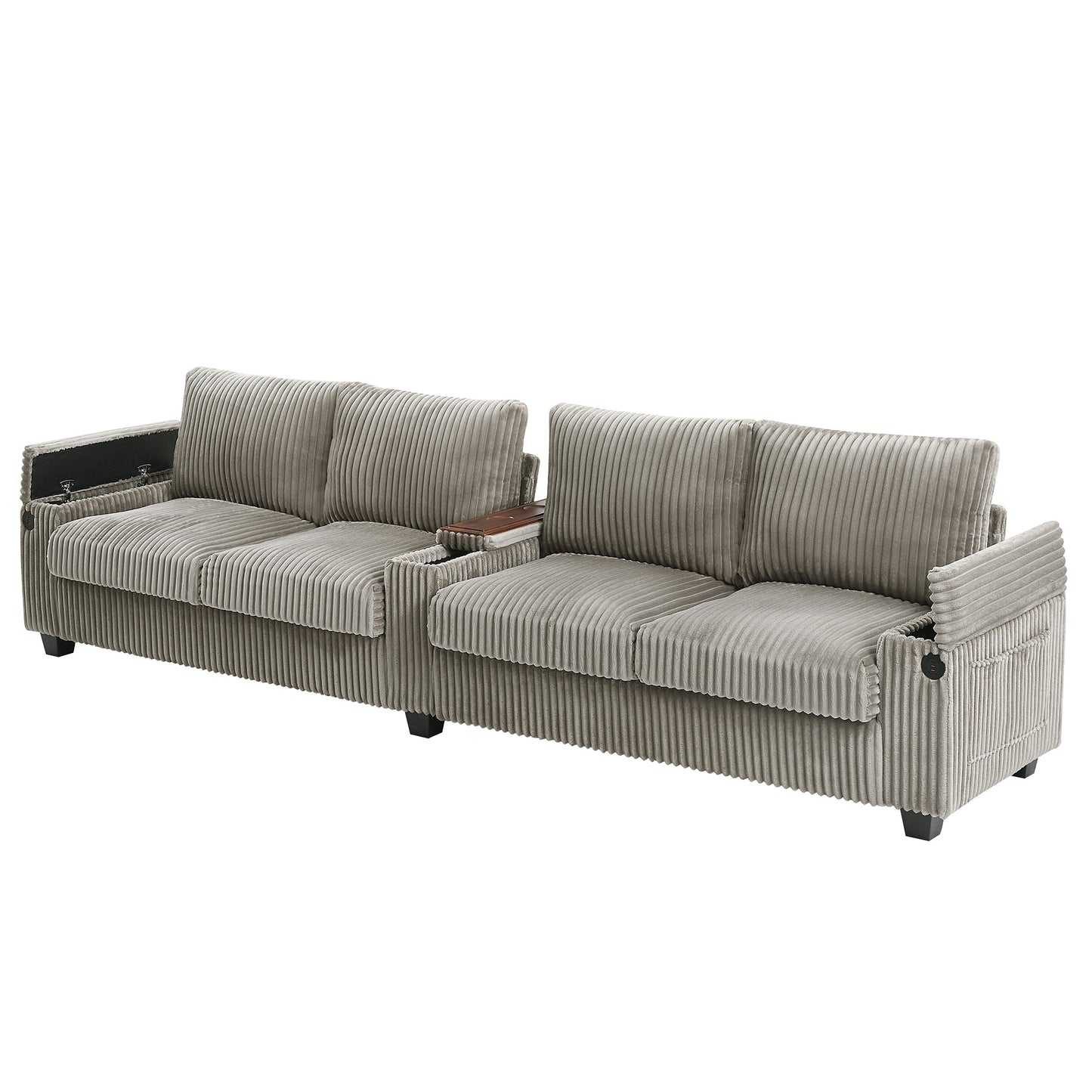 Modern 4-Seater Corduroy Sofa Couch With USB Ports, Hidden Storage Arms, and Flip-Top Cup Holders, Brown, 133 Inches