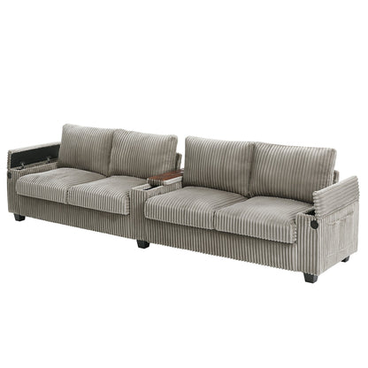 Modern 4-Seater Corduroy Sofa Couch With USB Ports, Hidden Storage Arms, and Flip-Top Cup Holders, Brown, 133 Inches