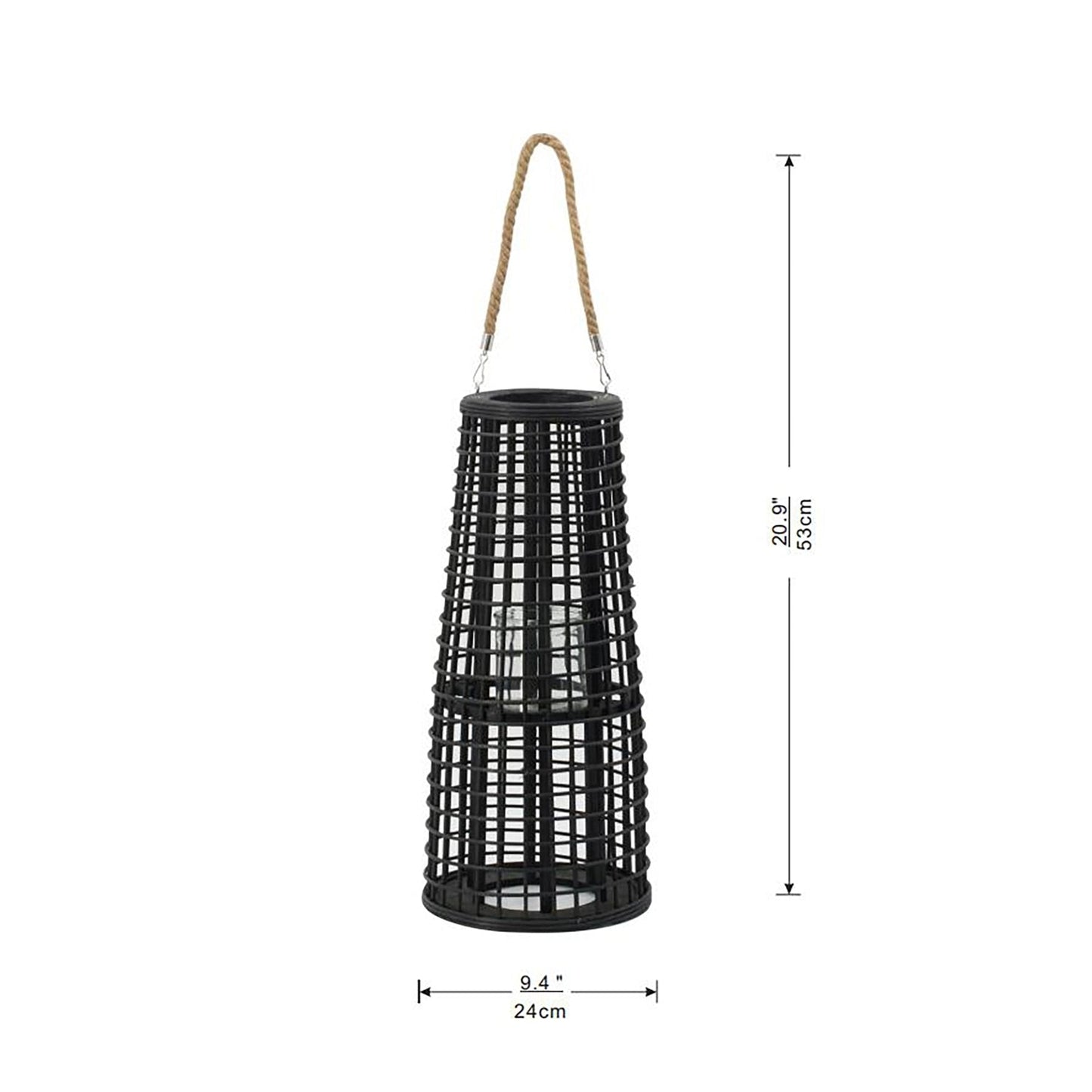D9.5x21' Woven Rattan Hurricane Lantern With Hemp Rope, Black