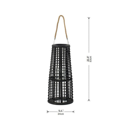 D9.5x21' Woven Rattan Hurricane Lantern With Hemp Rope, Black
