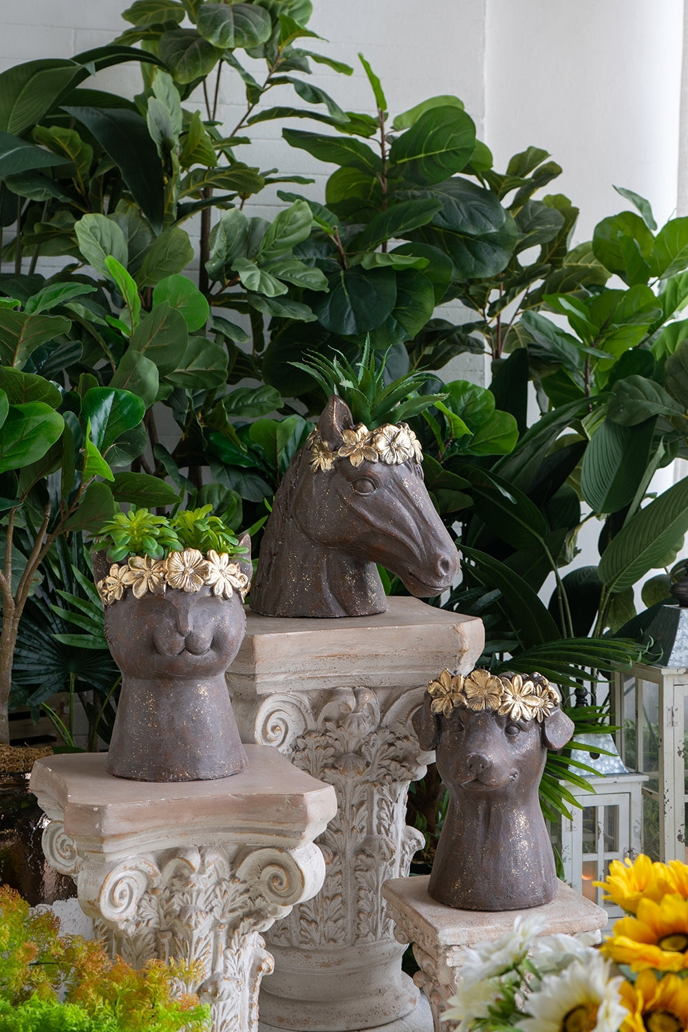 14.5x8.5x13.5' Magnesium Horse Statue Planter With Textured Brown Finish and Gold Leaf Crown