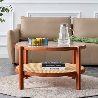 Modern Minimalist Circular Double-Layer Solid Wood Coffee Table With Glass Top, PE Rattan Layer, Walnut Finish