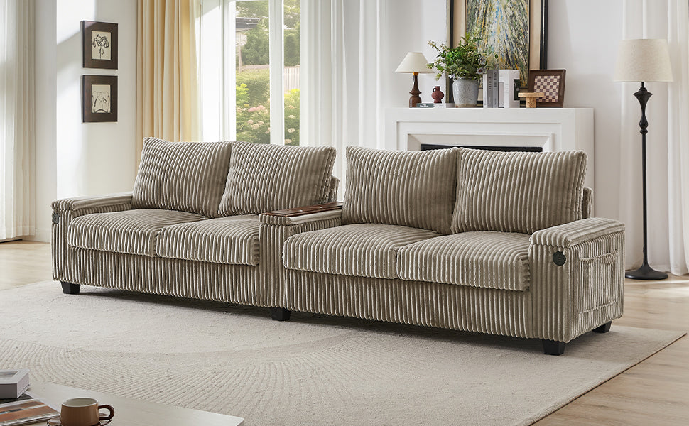 Modern 4-Seater Corduroy Sofa Couch With USB Ports, Hidden Storage Arms, and Flip-Top Cup Holders, Brown, 133 Inches