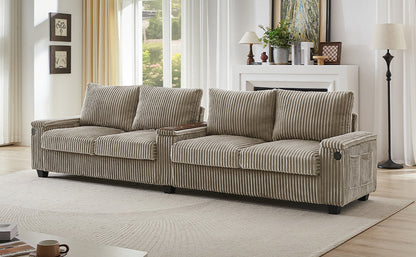Modern 4-Seater Corduroy Sofa Couch With USB Ports, Hidden Storage Arms, and Flip-Top Cup Holders, Brown, 133 Inches