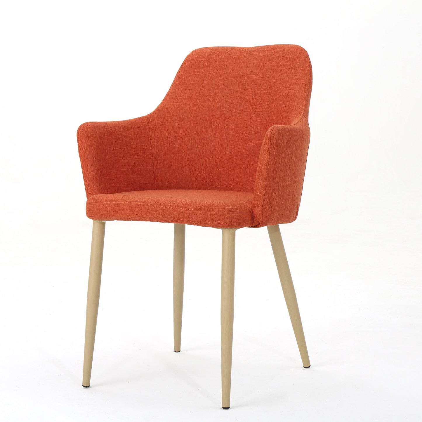 Mid Century Modern Fabric Upholstered Dining Chairs Armchairs in Muted Orange With Light Walnut Finish