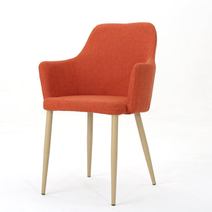 Mid Century Modern Fabric Upholstered Dining Chairs Armchairs in Muted Orange With Light Walnut Finish