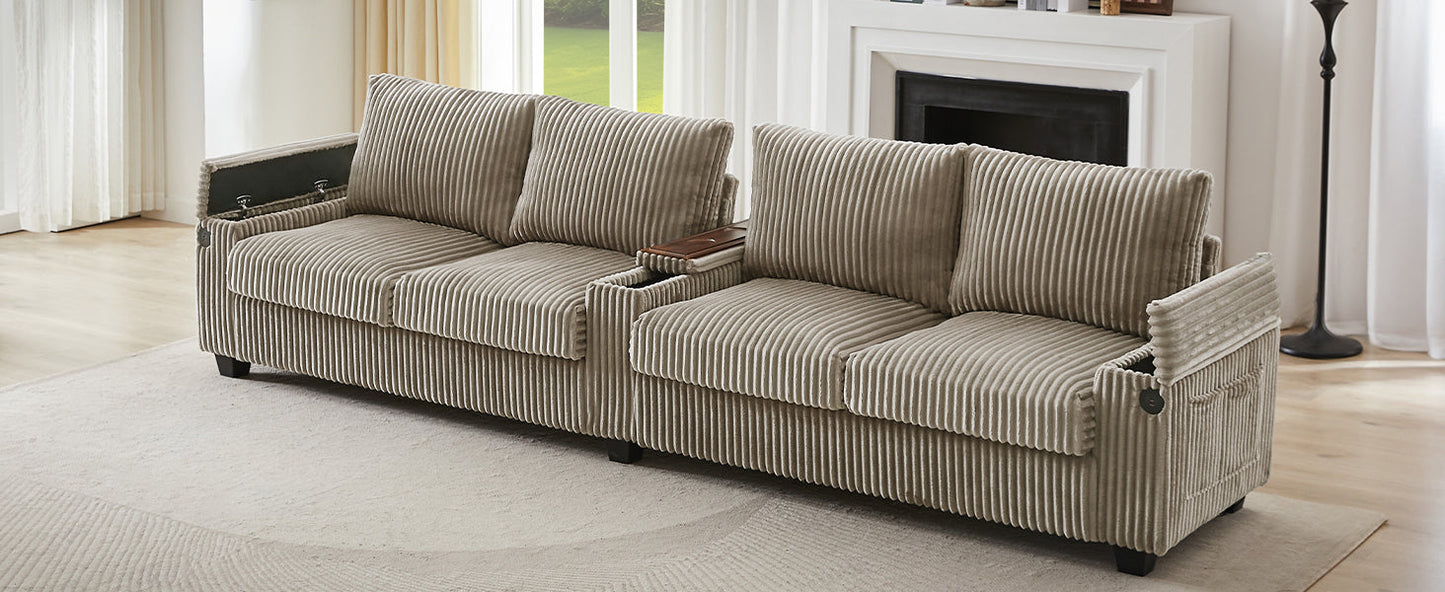 Modern 4-Seater Corduroy Sofa Couch With USB Ports, Hidden Storage Arms, and Flip-Top Cup Holders, Brown, 133 Inches