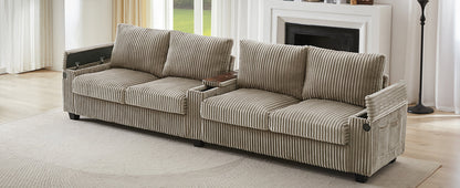 Modern 4-Seater Corduroy Sofa Couch With USB Ports, Hidden Storage Arms, and Flip-Top Cup Holders, Brown, 133 Inches