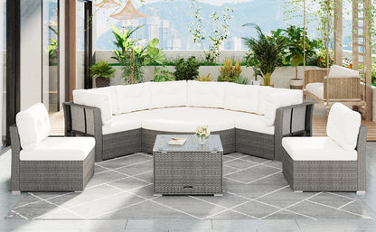 Patio Furniture Set Outdoor Daybed Rattan Sectional With Cushions and Center Table, Beige, Iron & Rattan, Multiple Sizes