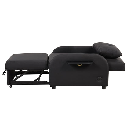 3-In-1 Pull Out Sofa Sleeper With Wing Table and USB Charge, Black Linen Upholstery, Iron Frame