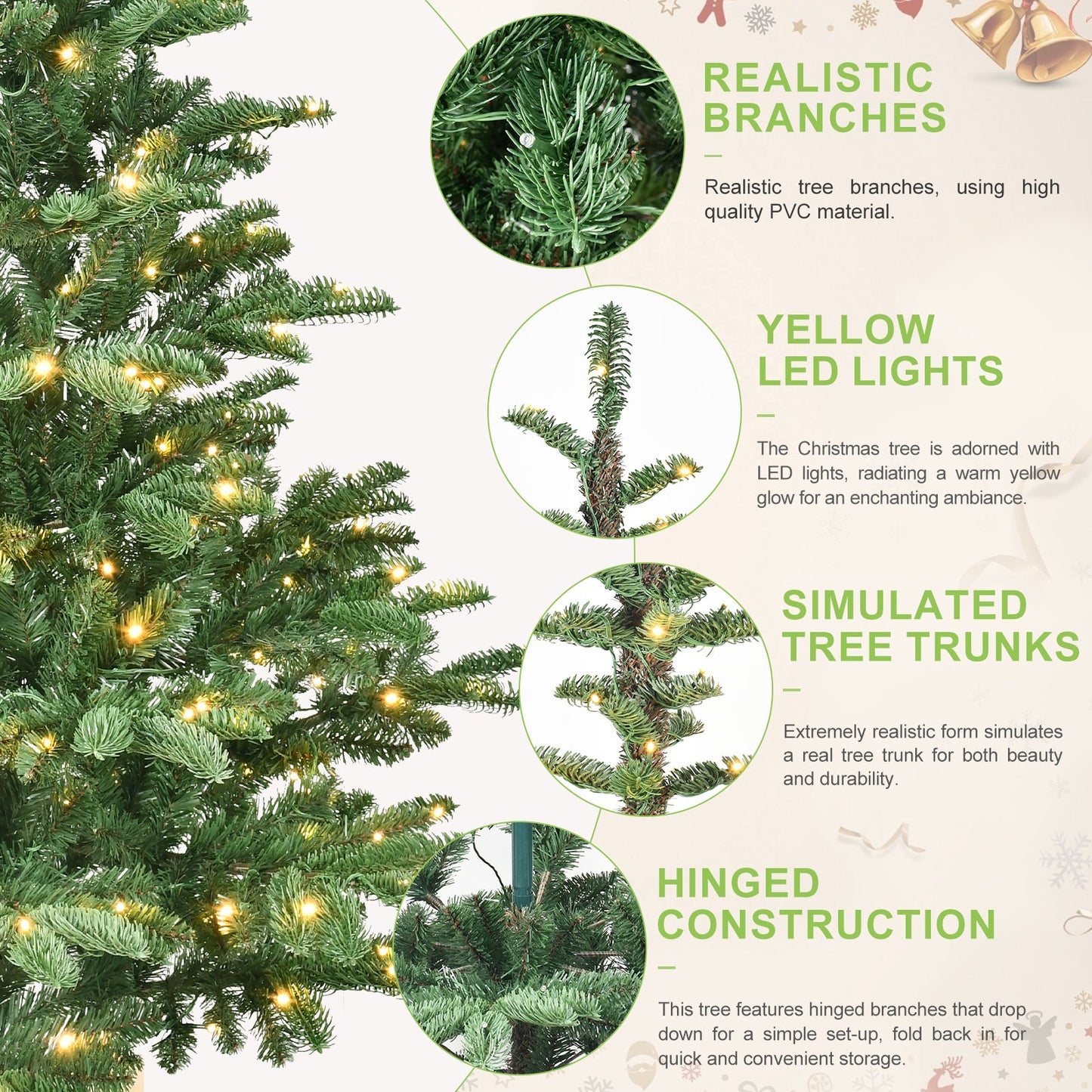 6ft Pre-Lit Christmas Tree With 300 Warm White LED Lights, 611 PE+PVC Tips, Realistic Layered Look, Unique Wooden Base –