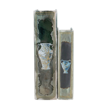 Set of 2 Decorative Book Boxes With Blue and Gold Vase Motifs, L:7x3x10.5' S:5x2x8.3'