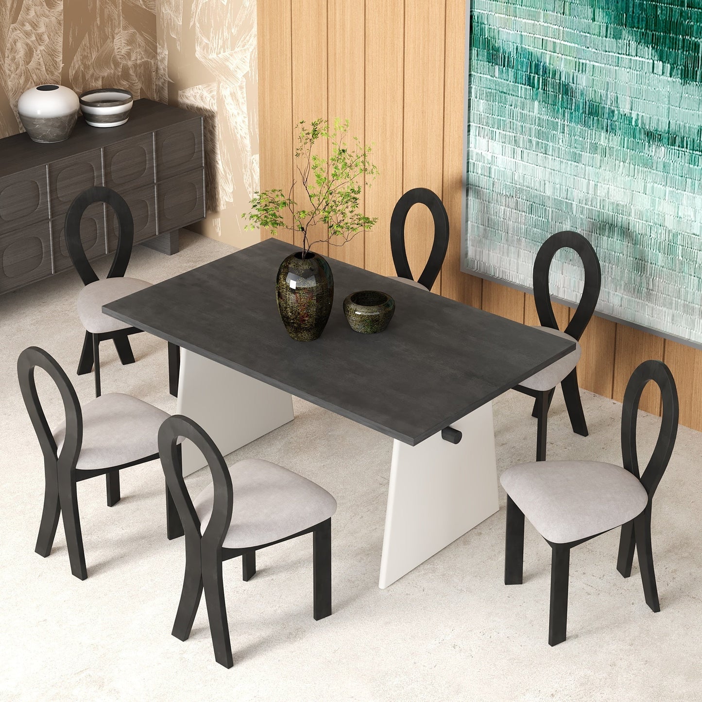 Modern 7-Piece Dining Table Set With Trestle Dining Table and 6 Upholstered Dining Chairs, Compact Kitchen Table Set For