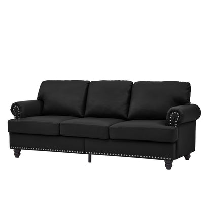 83' Modern Classic Design With Nails Living Room Sofa Leather Couch,Upholstered Imitation Cowhide Leather Black