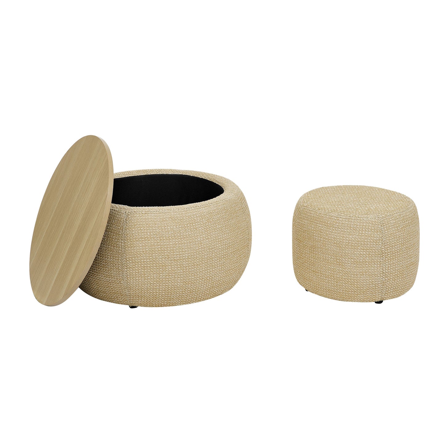 Round Storage Ottoman, Woven Rattan Fabric Ottoman, 2 in 1 Function, Work as End Table and Ottoman,with Small Seat-Natur