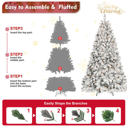 8FT Flocked Christmas Tree With 700 UL Lights and 54 Natural Pine Cones – Snowy PVC Tips, 1754 Tips, Hinged Structure, S