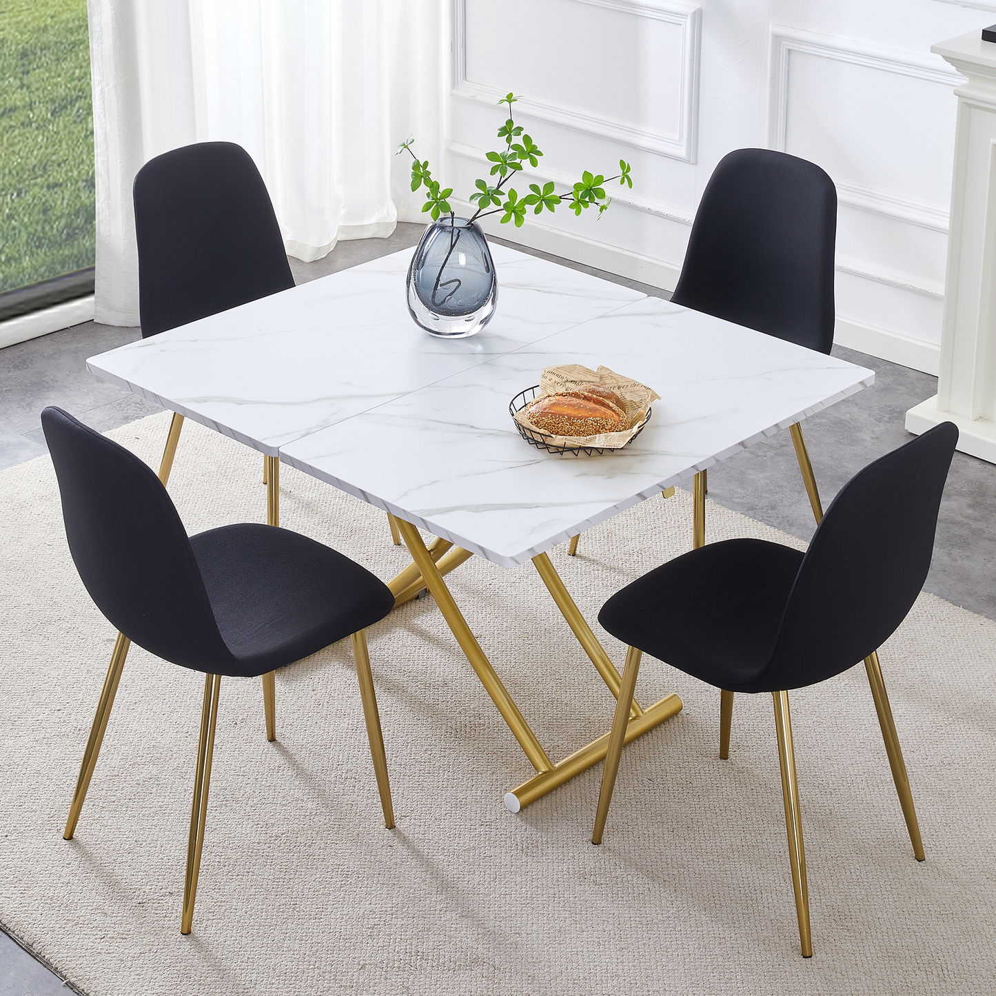 Table and Chair Set. Modern Multifunctional Lifting Platform, White Textured Sticker MDF Desktop, Gold Metal Legs. Paire