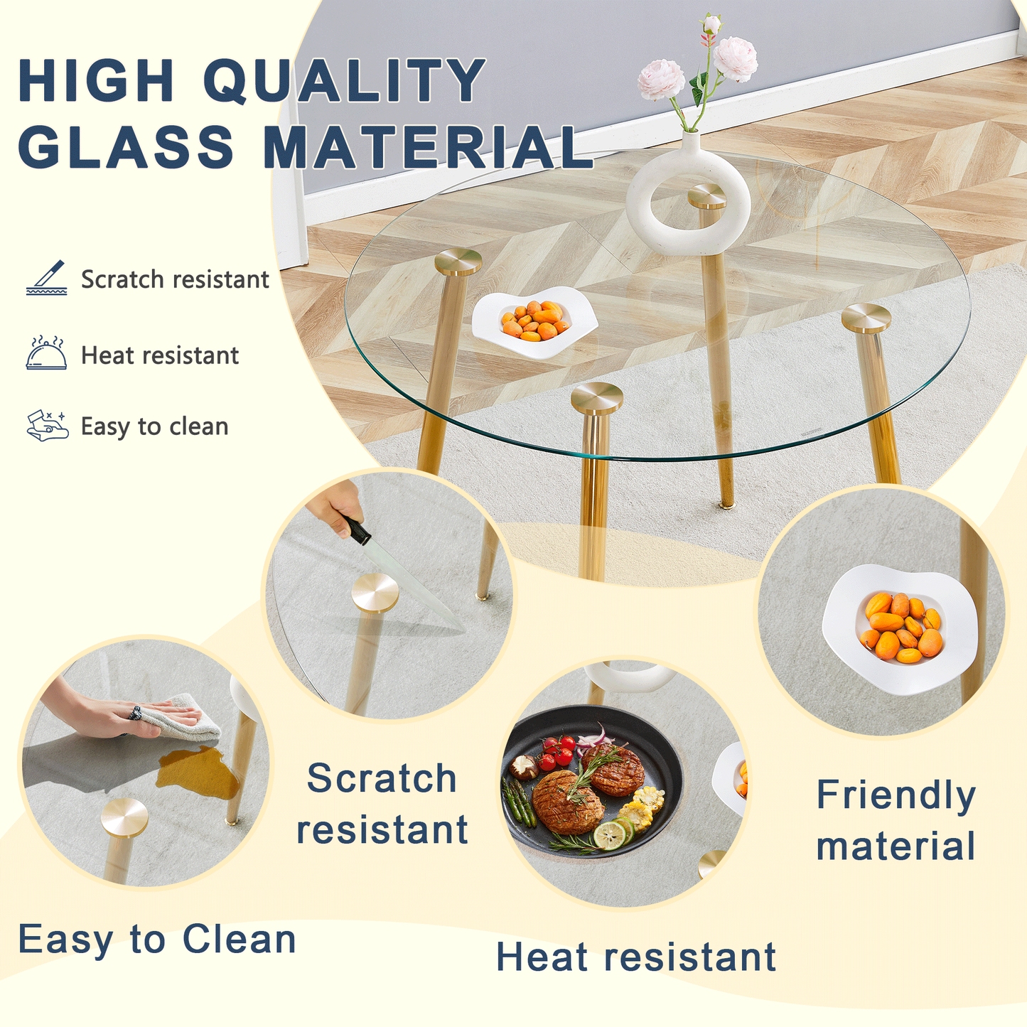 Table and Chair Set.39.7 Inch Diameter Modern Luxury Glass Dining Table and Chair Set - Gold Metal Legs.Paired With 4 WH