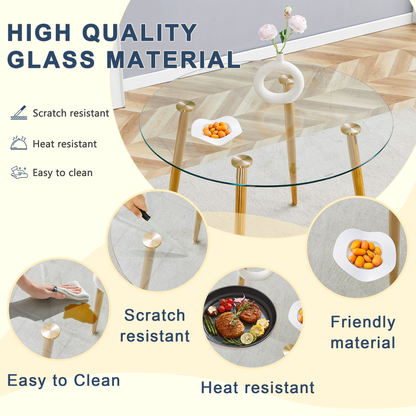 Table and Chair Set.39.7 Inch Diameter Modern Luxury Glass Dining Table and Chair Set - Gold Metal Legs.Paired With 4 WH