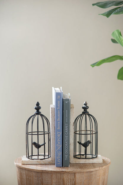 S/2 5.5x4.5x10'  Distressed Black Bird Cage Bookend, Antique White