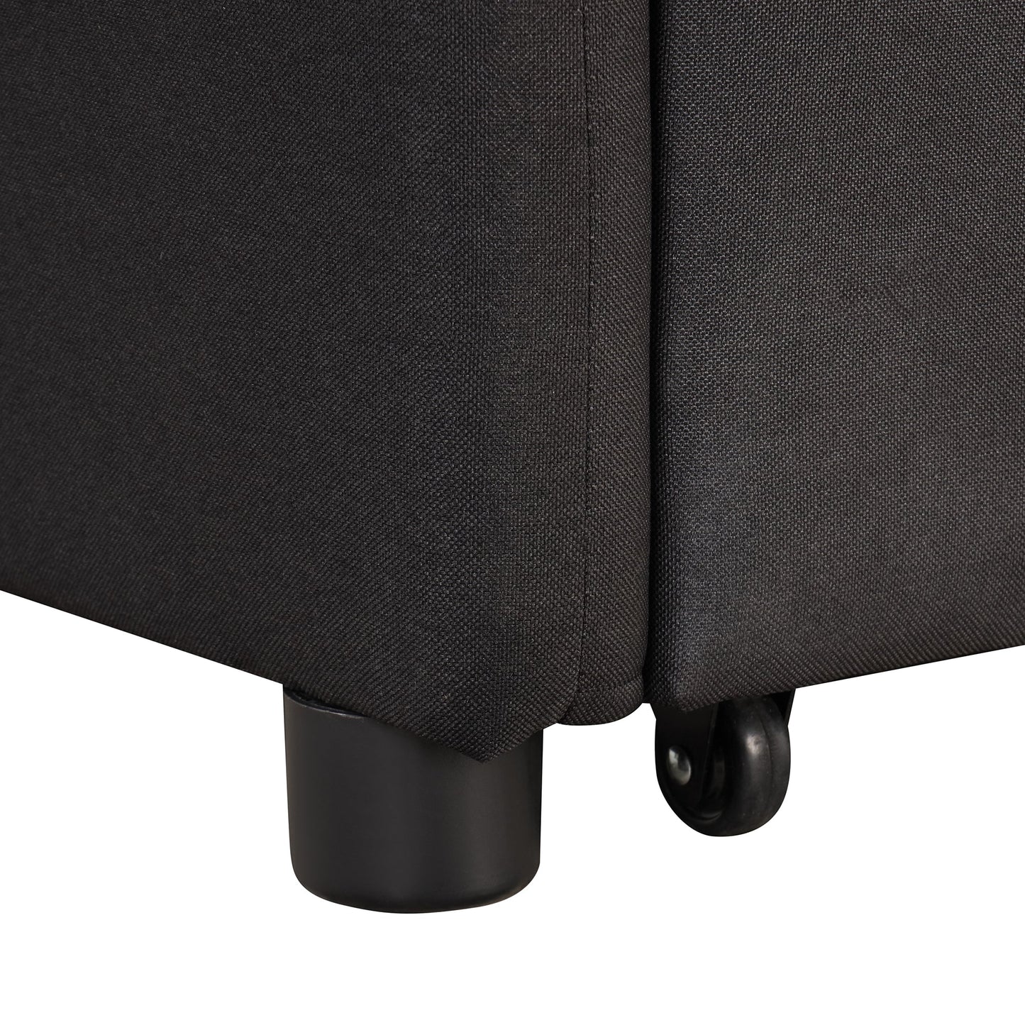 3-In-1 Pull Out Sofa Sleeper With Wing Table and USB Charge, Black Linen Upholstery, Iron Frame