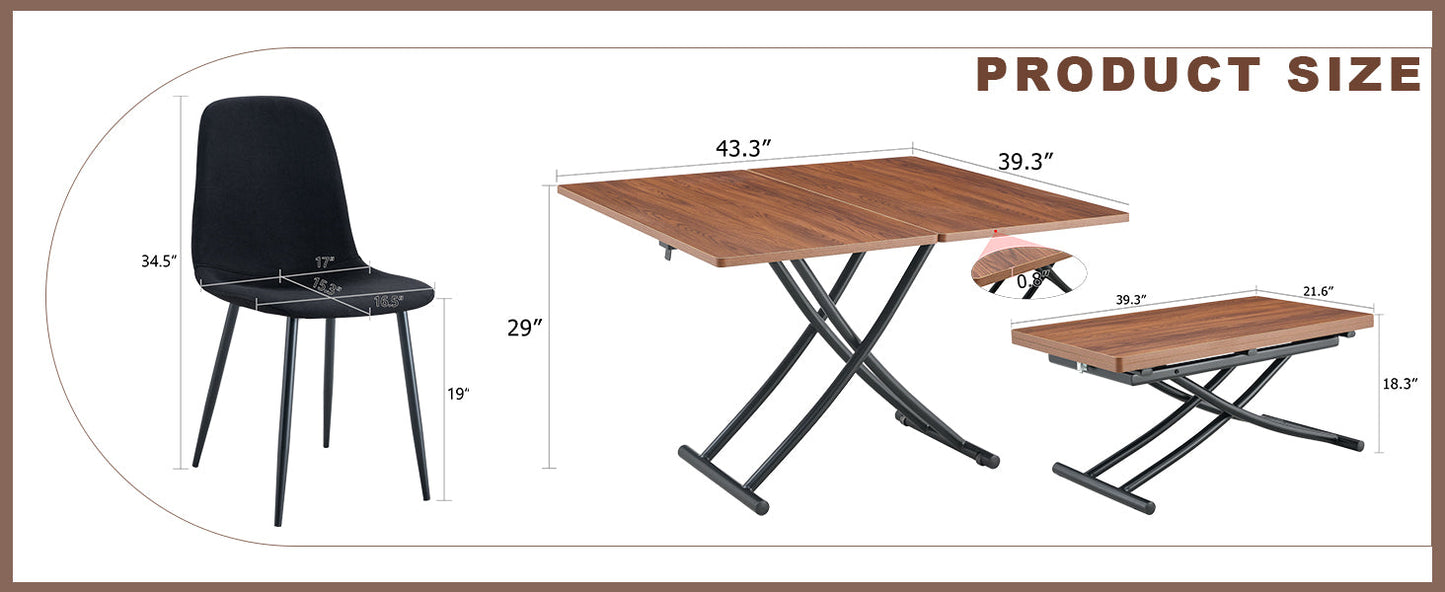 Table and Chair set.Modern Multifunctional Lifting Platform,Walnut Wood Grain Sticker MDF Desktop, Black Metal Legs.Pair