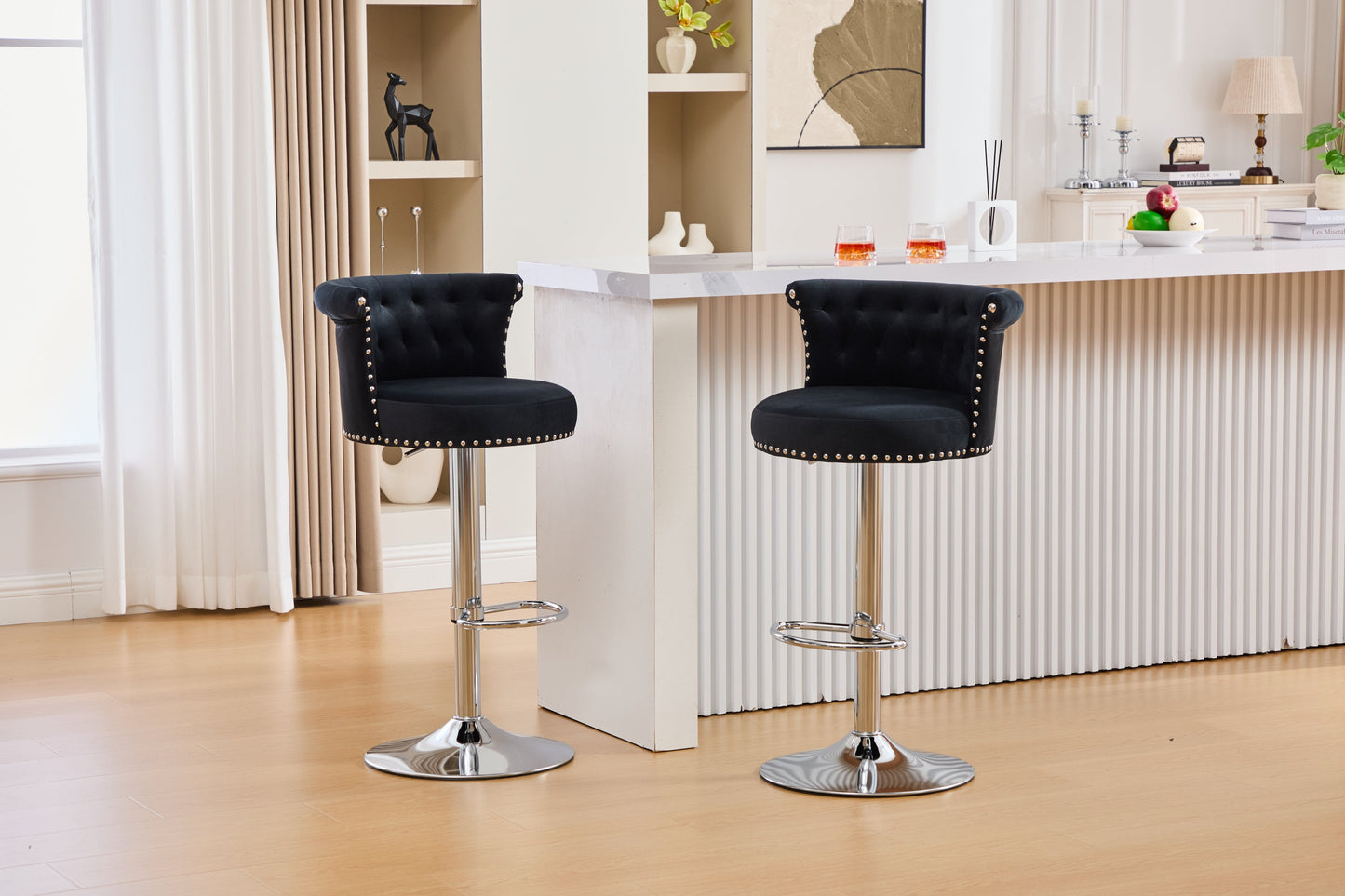 Velvet Bar Stool Set of 2, Adjustable Swivel Bar Stools With Silver Plated Metal Leg, Chrome Nailhead, Counter Height Ch