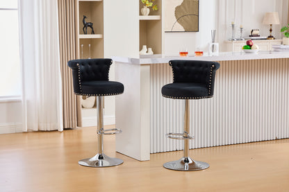 Velvet Bar Stool Set of 2, Adjustable Swivel Bar Stools With Silver Plated Metal Leg, Chrome Nailhead, Counter Height Ch